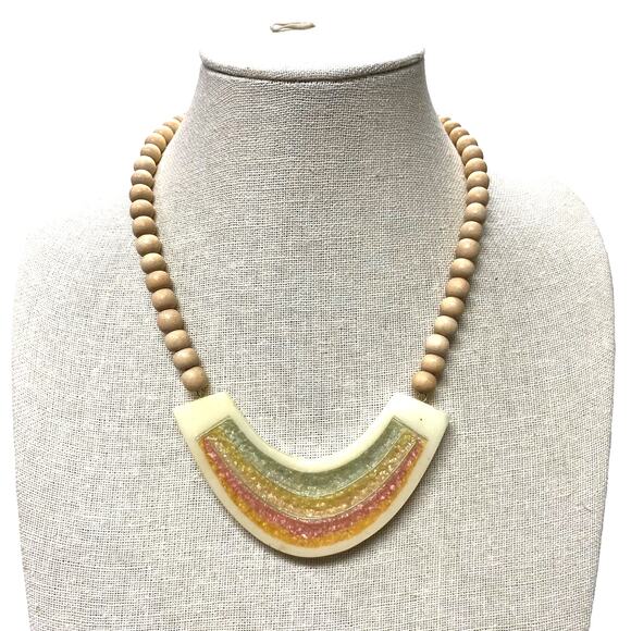 Vintage Pastel Rainbow Wood Bead Necklace Earrings Set - Picture 1 of 8